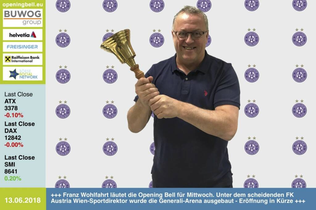13.6.: Franz Wohlfahrt läutet die Opening Bell für Mittwoch. Unter dem scheidenden FK Austria Wien-Sportdirektor wurde die Generali-Arena ausgebaut - Eröffnung in Kürze https://www.facebook.com/groups/Sportsblogged   (13.06.2018)