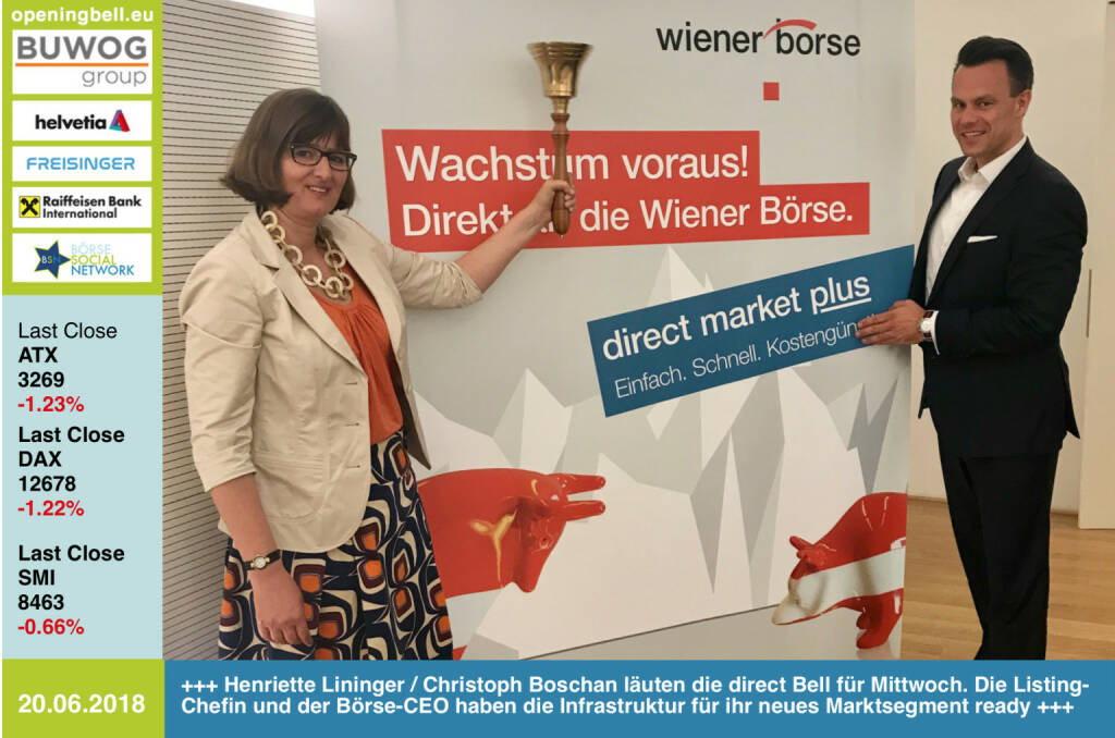 20.6.: Henriette Lininger und Christoph Boschan läuten eine direct Opening Bell für Mittwoch. Die Listing-Chefin und der Börse-CEO haben die Infrastruktur für ihr neues Marktsegment ready, siehe https://www.boerse-social.com/2018/06/19/die_positive_ungeduld_von_christoph_boschan_und_ein_grundsatzliches_borse-yes_von_den_oekostrom-eigner_gabb http://www.wienerborse.at https://www.facebook.com/groups/GeldanlageNetwork/ #goboersewien (20.06.2018) 