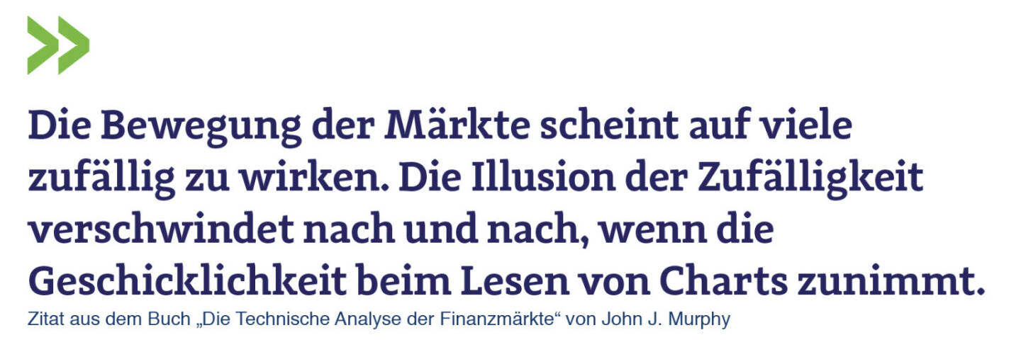 Die Bewegung der Märkte scheint auf viele zufällig zu wirken. Die Illusion der Zufälligkeit verschwindet nach und nach, wenn die Geschicklichkeit beim Lesen von Charts zunimmt.
Zitat aus dem Buch „Die Technische Analyse der Finanzmärkte“ von John J. Murphy