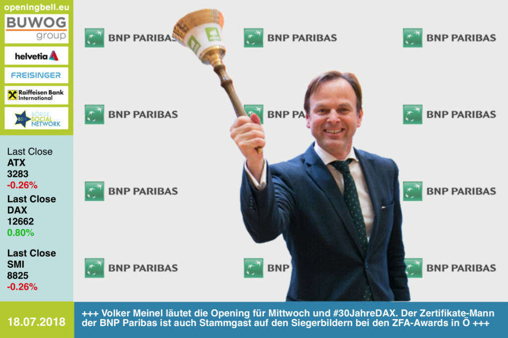 18.7.: Volker Meinel läutet die Opening für Mittwoch und #30JahreDAX. Der Zertifikate-Mann der BNP Paribas ist auch Stammgast auf den Siegerbildern bei den ZFA-Awards in Österreich https://www.derivate.bnpparibas.com/startseite  https://www.facebook.com/groups/GeldanlageNetwork / #goboersewien (18.07.2018) 