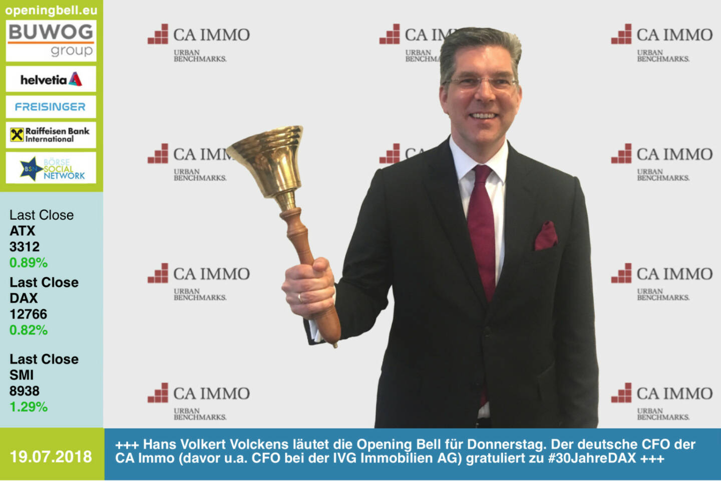 19.7.: Hans Volkert Volckens läutet die Opening Bell für Donnerstag. Der deutsche CFO der CA Immo (davor u.a. CFO bei der IVG Immobilien AG) gratuliert zu #30JahreDAX http://www.caimmo.com https://www.facebook.com/groups/GeldanlageNetwork / #goboersewien