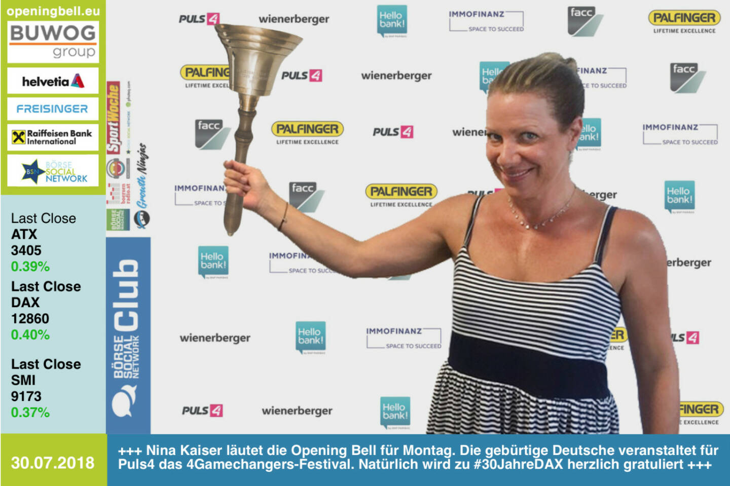30.7.: Nina Kaiser läutet die Opening Bell für Montag. Die gebürtige Deutsche veranstaltet für Puls4 das 4Gamechangers-Festival. Natürlich wird zu #30JahreDAX herzlich gratuliert https://www.puls4.com/ . Puls4 ist zudem einer der Partner beim Börse Social Network Club https://www.facebook.com/groups/GeldanlageNetwork / #goboersewien