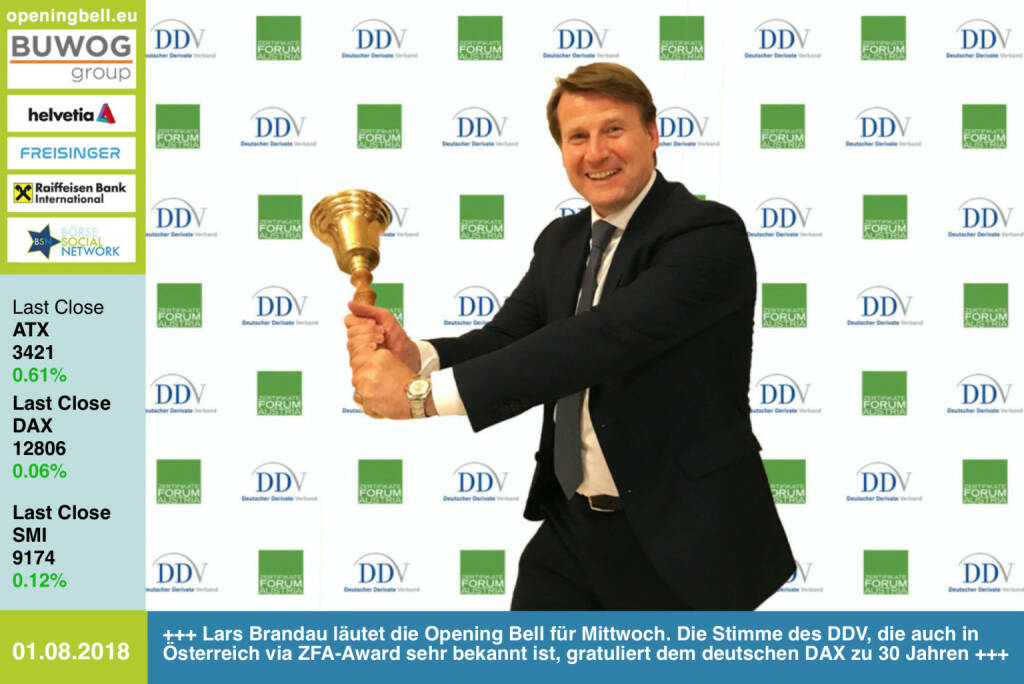 1.8.: Lars Brandau läutet die Opening Bell für Mittwoch. Die Stimme des DDV, die auch in Österreich via ZFA-Award sehr bekannt ist, gratuliert dem deutschen DAX zu 30 Jahren http://derivateverband.de #30JahreDAX https://www.facebook.com/groups/GeldanlageNetwork/ #goboersewien  (01.08.2018) 