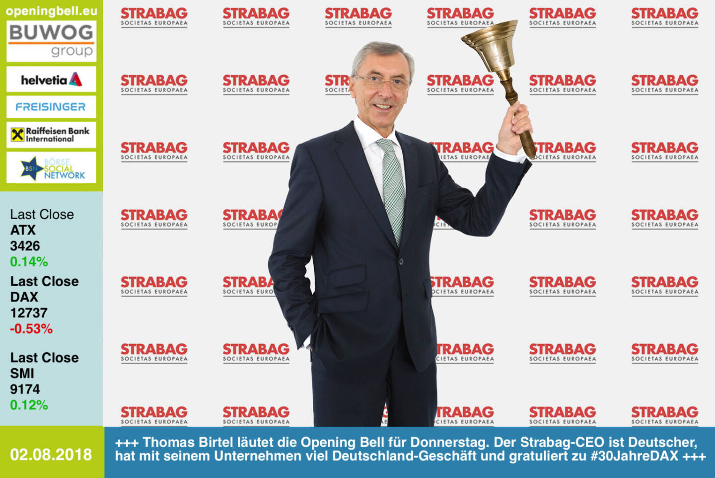 2.8.:  Thomas Birtel läutet die Opening Bell für Donnerstag. Der Strabag-CEO ist Deutscher, hat mit seinem Unternehmen viel Deutschland-Geschäft und gratuliert zu #30JahreDAX http://www.strabag.com https://www.facebook.com/groups/GeldanlageNetwork/ #goboersewien 