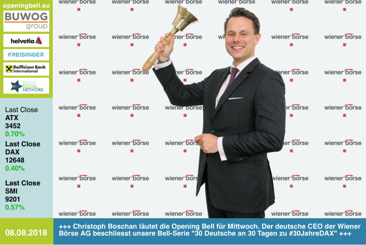 8.8.: Christoph Boschan läutet die Opening Bell für Mittwoch. Der deutsche CEO der Wiener Börse AG beschliesst unsere Bell-Serie 30 Deutsche an 30 Tagen zu #30JahreDAX http://www.wienerborse.at https://www.facebook.com/groups/GeldanlageNetwork  #goboersewien 