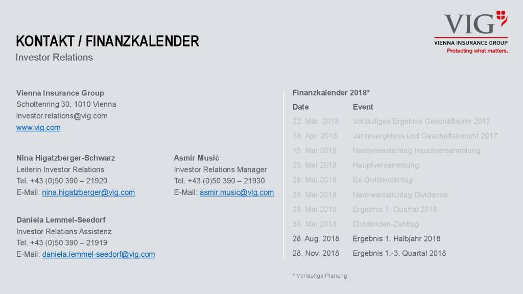 VIG Unternehmenspräsentation - Kontakt/Finanzkalender (08.08.2018) 