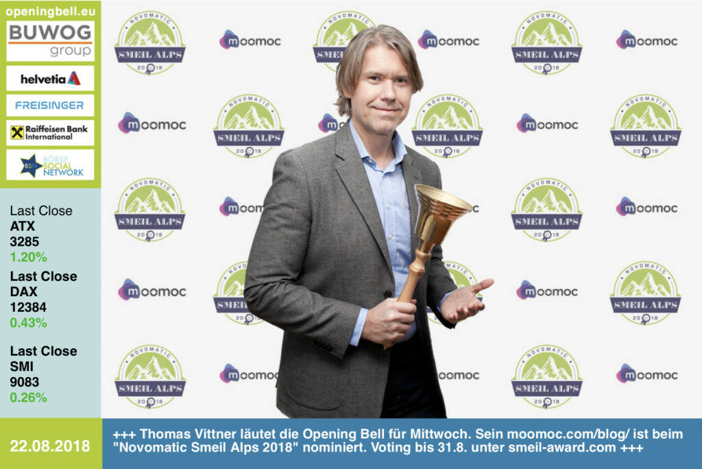 22.8.: Thomas Vittner läutet die Opening Bell für Mittwoch. Sein https://www.moomoc.com/blog/ ist beim Novomatic Smeil Alps 2018 nominiert. Voting bis 31.8. unter http://www.smeil-award.com https://www.facebook.com/groups/GeldanlageNetwork  #goboersewien  (22.08.2018) 