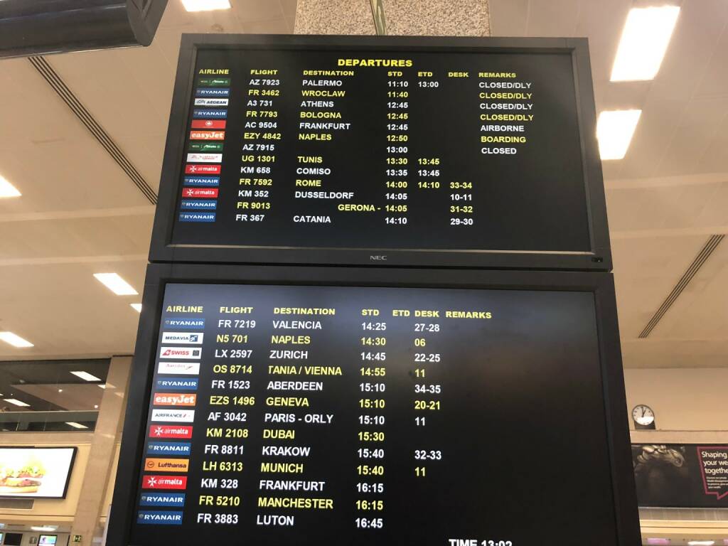 Malta International Airport, eine Beteiligung der Flughafen Wien Gruppe, Anzeige-Tafel, Abflug, Foto: beigestellt (23.08.2018) 