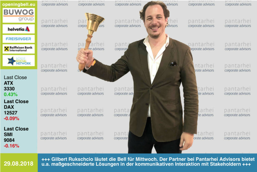 29.8.: Gilbert Rukschcio läutet die Opening Bell für Mittwoch. Der Partner bei Pantarhei Advisors bietet u.a. maßgeschneiderte Lösungen in der kommunikativen Interaktion mit Stakeholdern https://www.pantarhei-advisors.com https://www.facebook.com/groups/GeldanlageNetwork  #goboersewien  (29.08.2018) 