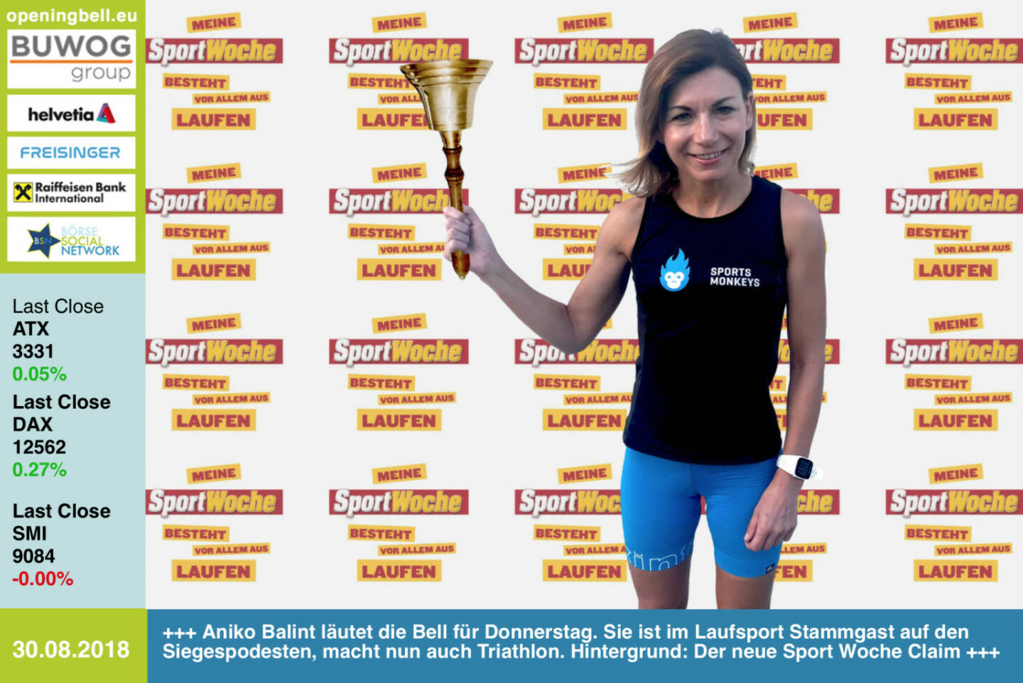 30.8.: Aniko Balint läutet die Opening Bell für Donnerstag. Sie ist im Laufsport Stammgast auf den Siegespodesten, macht nun auch Triathlon. Wall-Hintergrund: Der neue Sport Woche Claim (jede Sportart einsetzbar und als Shirt verfügbar)   https://www.facebook.com/groups/Sportsblogged http://www.runplugged.com