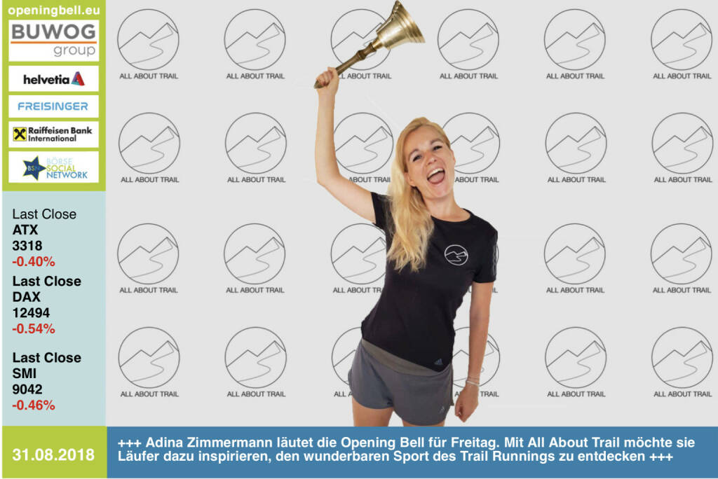 31.8.: Adina Zimmermann läutet die Opening Bell für Freitag. Mit All About Trail möchte sie Läufer dazu inspirieren, den wunderbaren Sport des Trail Runnings zu entdecken, siehe https://runplugged.com/2018/08/29/der_erste_wettkampf_adina_zimmermann_via_runplugged_runkit https://www.facebook.com/groups/Sportsblogged http://www.runplugged.com  (31.08.2018)