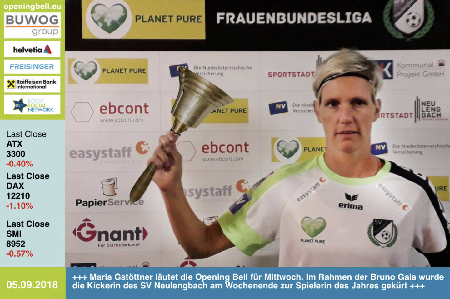 5.9.: Maria Gstöttner läutet die Opening Bell für Mittwoch. Im Rahmen der Bruno Gala wurde die Kickerin des SV Neulengbach am Wochenende zur Spielerin des Jahres gekürt https://www.facebook.com/groups/Sportsblogged http://www.runplugged.com 