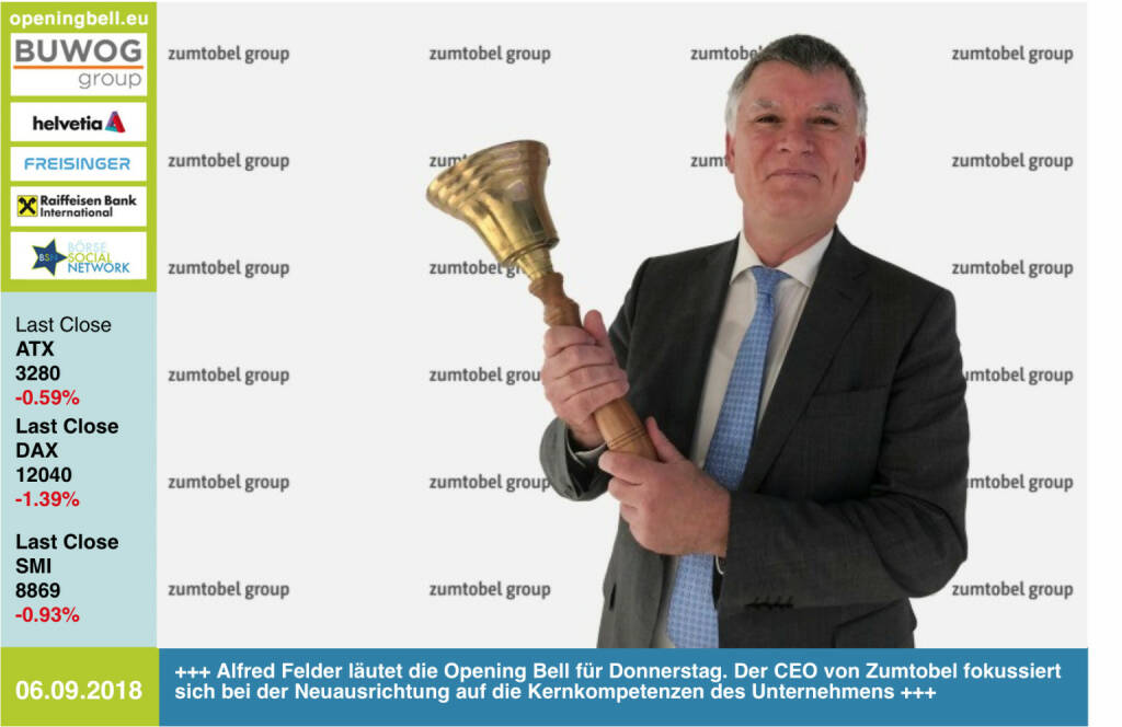 6.9.: Alfred Felder läutet die Opening Bell für Donnerstag. Der CEO von Zumtobel  fokussiert sich bei der Neuausrichtung auf die Kernkompetenzen des Unternehmens http://zumtobelgroup.com https://www.facebook.com/groups/GeldanlageNetwork (06.09.2018) 