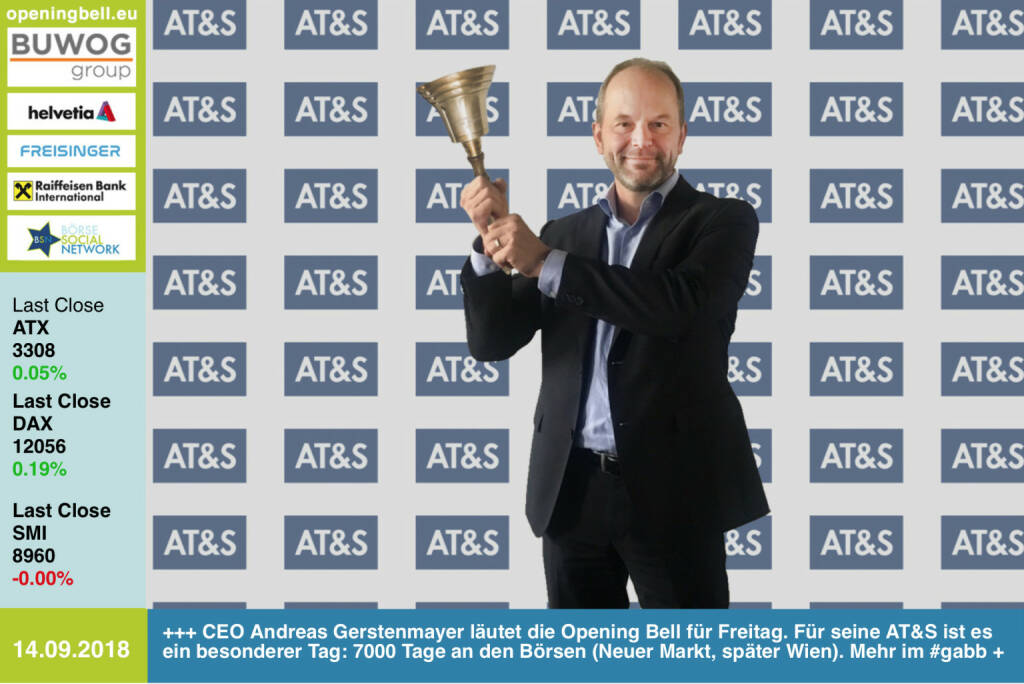 14.9.: CEO Andreas Gerstenmayer läutet die Opening Bell für Freitag. Für seine AT&S ist es ein besonderer Tag: 7000 Tage an den Börsen (erst Neuer Markt, später Wien). Weil die Performance und sämtliche handelsrelevanten Daten stark sind, gibt es dazu eine Auszeichnung. Mehr dazu im #gabb http://www.boerse-social.com/gabb  https://ats.net/de/  https://www.facebook.com/groups/GeldanlageNetwork  (14.09.2018) 