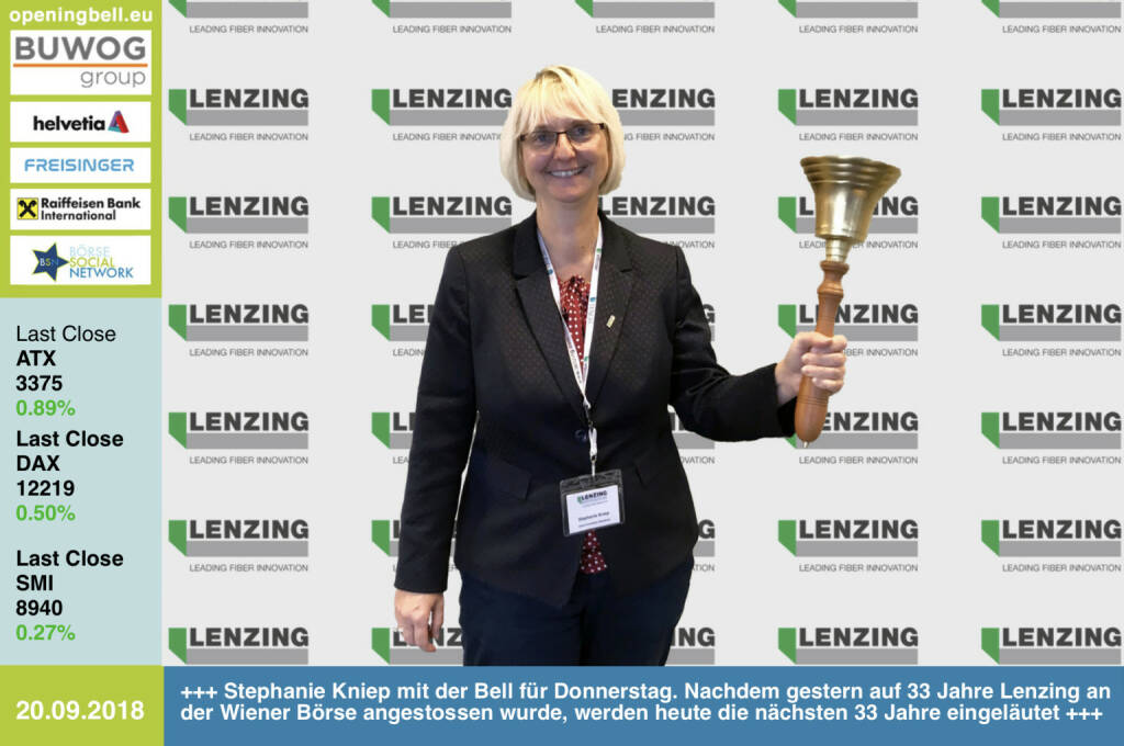 20.9.: Stephanie Kniep mit der Opening Bell für Donnerstag. Nachdem gestern auf 33 Jahre Lenzing an der Wiener Börse angestossen wurde, werden heute von der IR-Chefin die nächsten 33 Jahre eingeläutet http://www.lenzing.com https://www.facebook.com/groups/GeldanlageNetwork  (20.09.2018) 