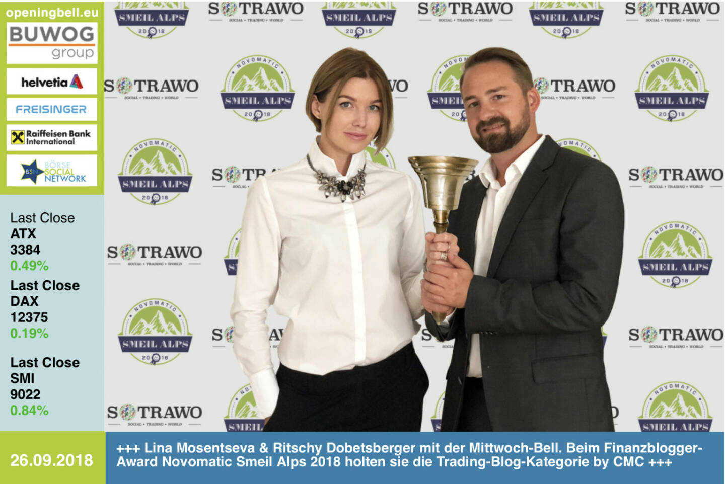 26.9.:  Lina Mosentseva und Ritschy Dobetsberger läuten die Opening Bell für Mittwoch. Beim Finanzblogger-Award Novomatic Smeil Alps 2018 holten sie mit Sotrawo die Trading-Blog-Kategorie hosted by CMC Markets https://www.sotrawo.com https://www.cmcmarkets.com/de http://www.smeil-award.com https://www.facebook.com/groups/GeldanlageNetwork 