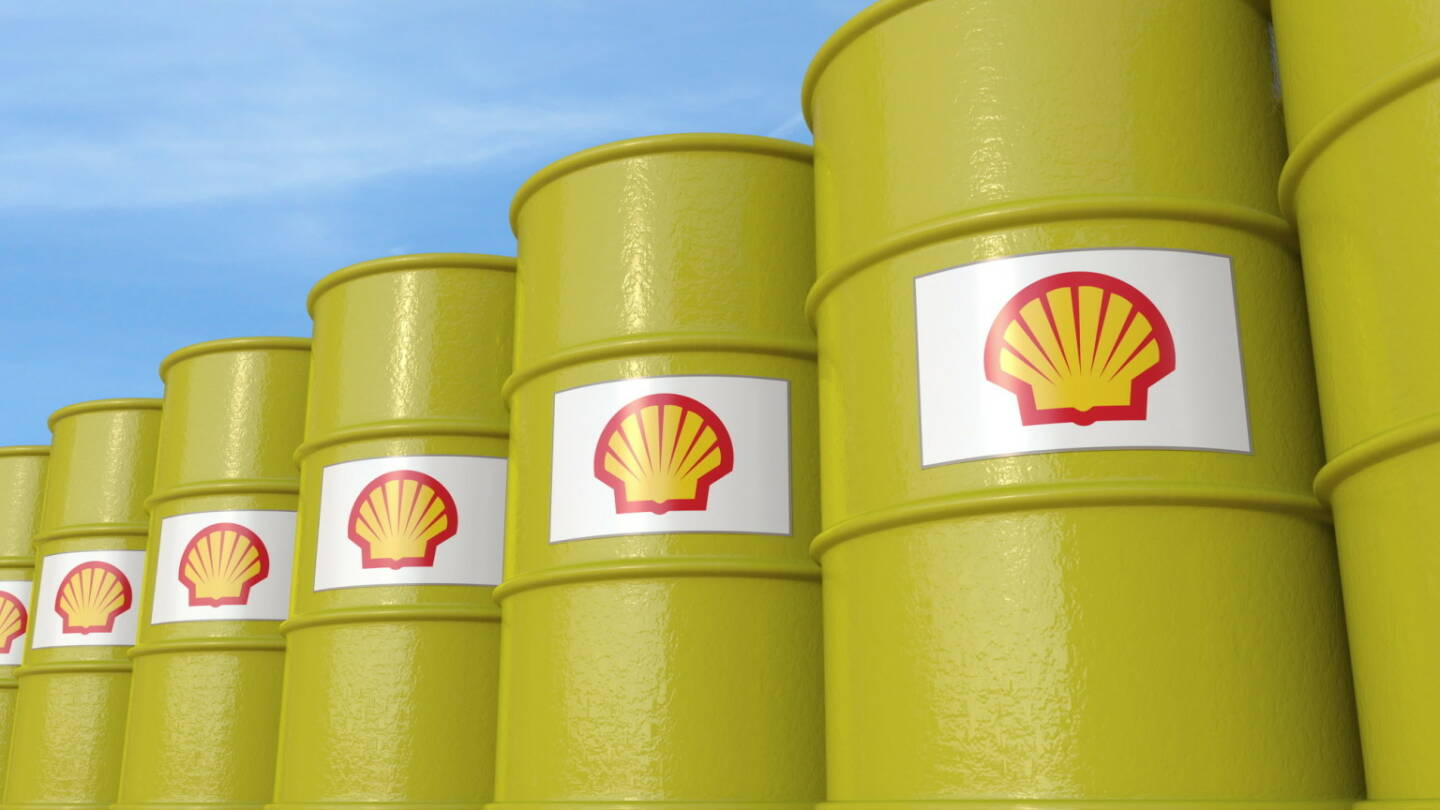 Royal Dutch Shell, Ölfässer - https://de.depositphotos.com/163869010/stock-photo-row-of-metal-barrels-with.html
