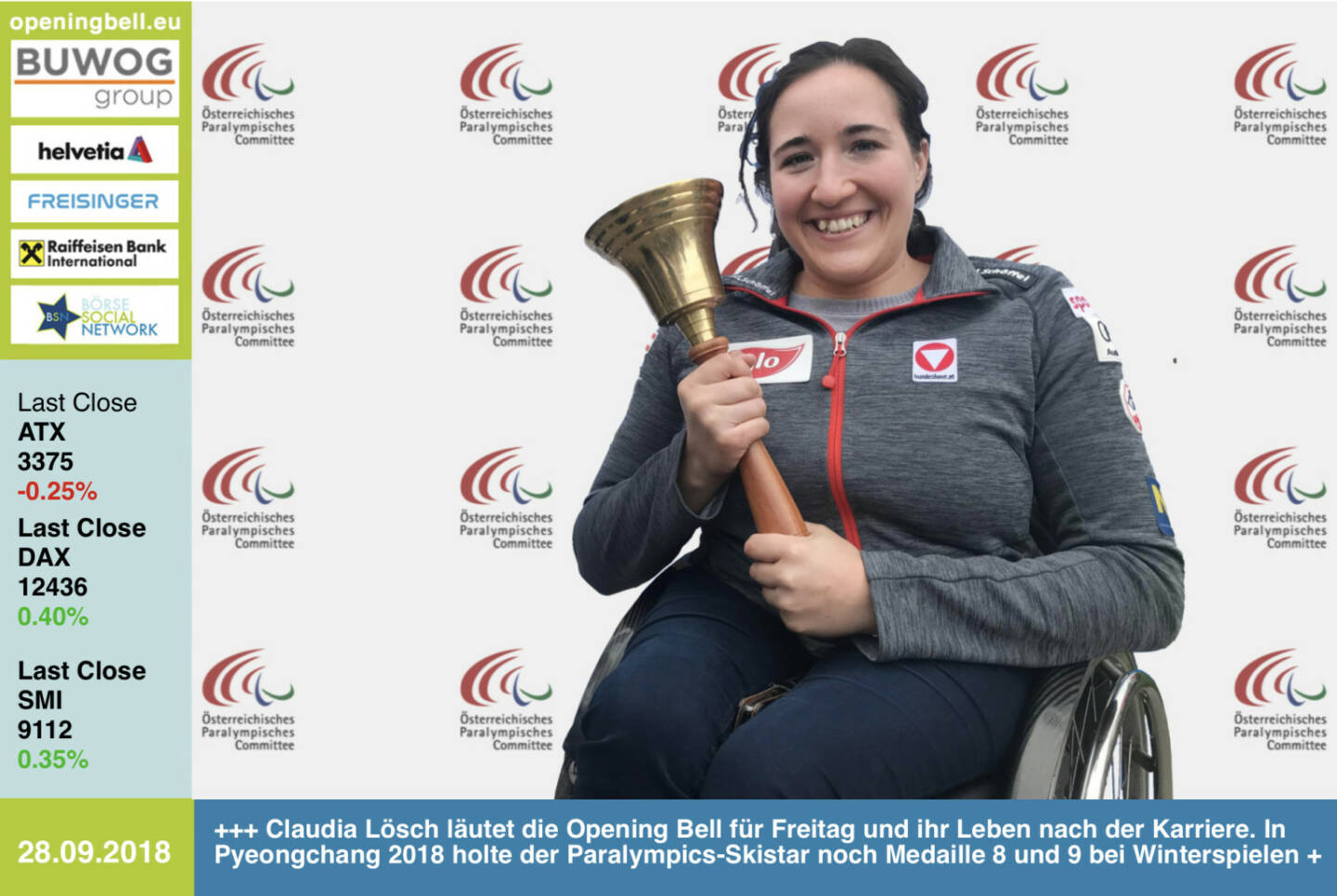 28.9.:  Claudia Lösch läutet die Opening Bell für Freitag und ihr Leben nach der Karriere. In Pyeongchang 2018 holte der Paralympics-Skistar noch ihre Medaillen 8 und 9 bei Winterspielen http://www.oepc.at https://www.facebook.com/groups/Sportsblogged http://www.runplugged.com 