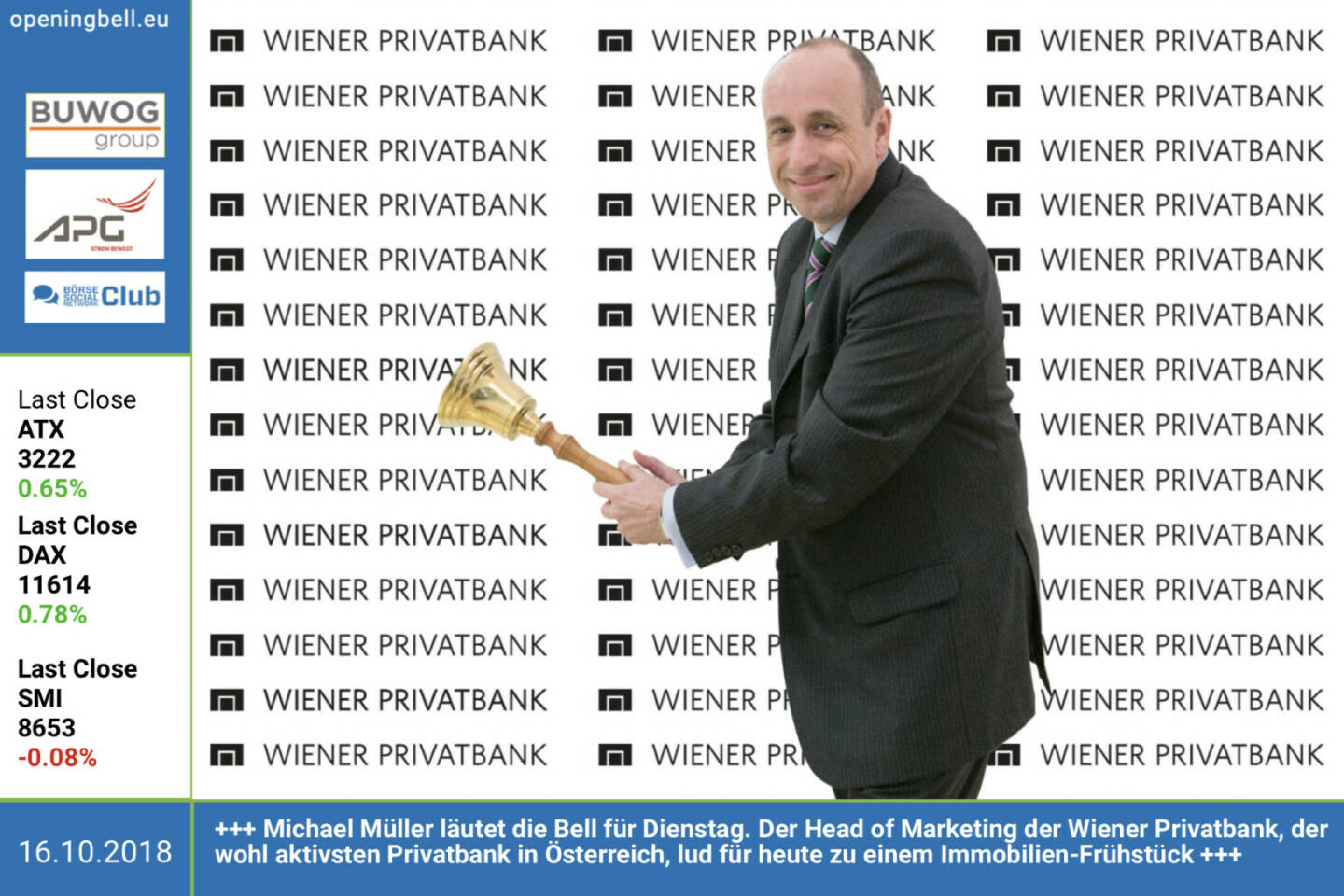 16.10.: Michael Müller läutet die Opening Bell für Dienstag. Der Head of Marketing der Wiener Privatbank, der wohl aktivsten Privatbank in Österreich, lud für heute zu einem Immobilien-Frühstück http://www.wienerprivatbank.com  https://www.facebook.com/groups/GeldanlageNetwork