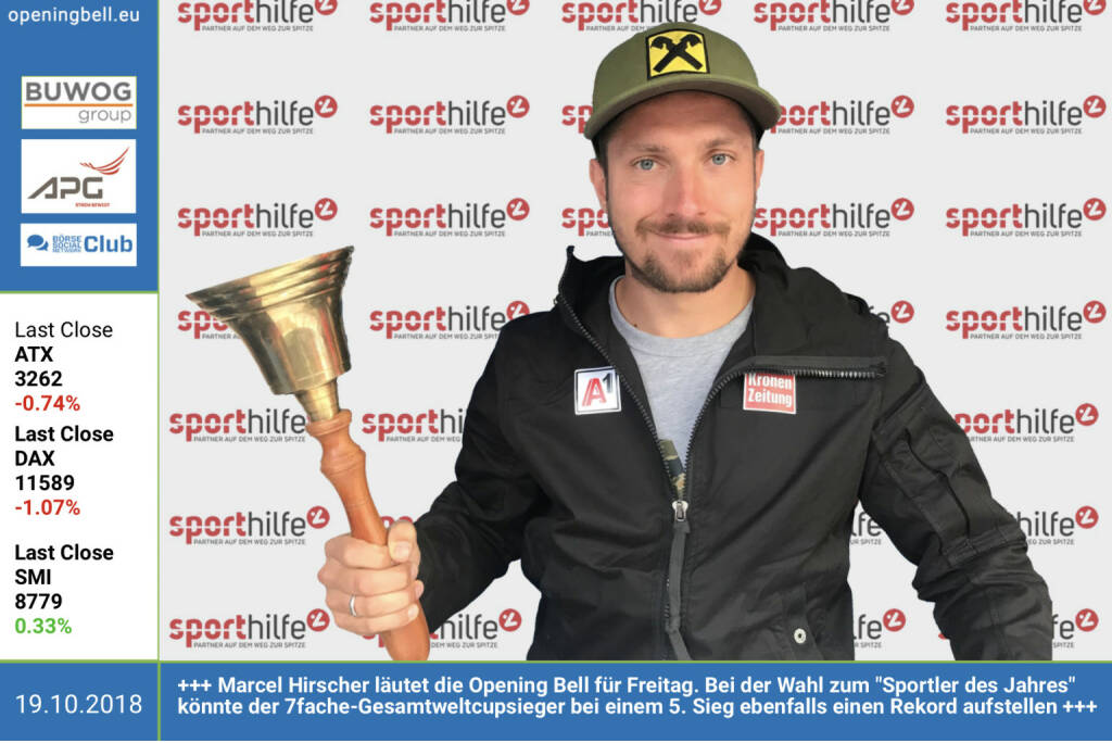 19.10.: Marcel Hirscher läutet die Opening Bell für Freitag. Bei der Wahl zum Sportler des Jahres  könnte der 7fache-Gesamtweltcupsieger bei einem 5. Sieg ebenfalls einen Rekord aufstellen https://www.marcelhirscher.at http://www.sporthilfe.at https://www.facebook.com/groups/Sportsblogged http://www.runplugged.com  (19.10.2018)