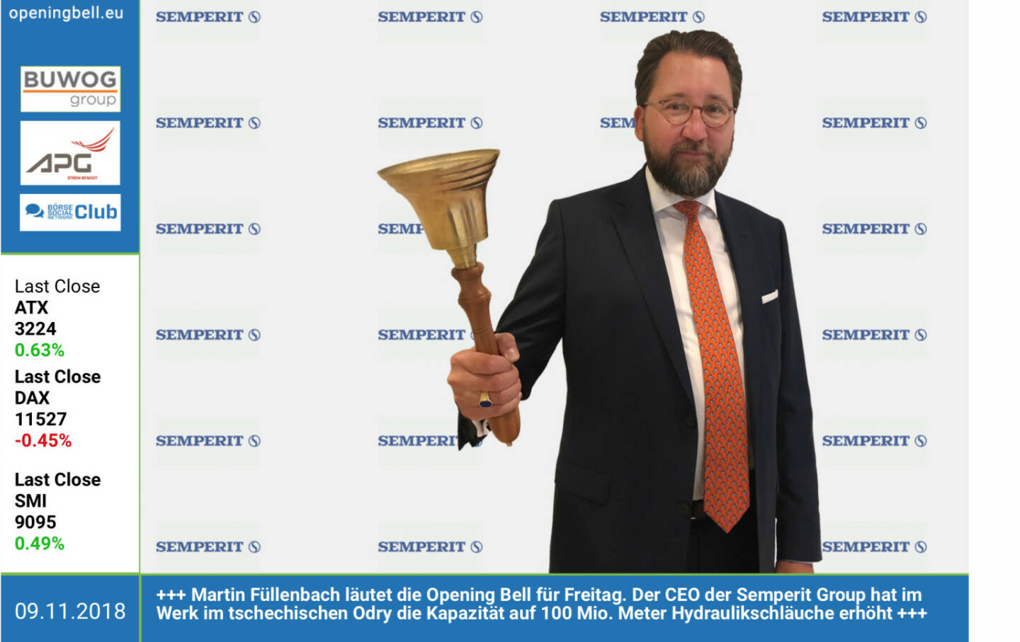 9.11.: Martin Füllenbach läutet die Opening Bell für Freitag. Der CEO der Semperit Group hat im Werk im tschechischen Odry die Kapazität auf 100 Mio. Meter Hydraulikschläuche erhöht. http://semperitgroup.com https://www.facebook.com/groups/GeldanlageNetwork