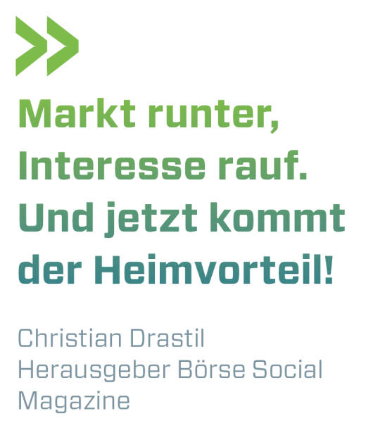 Markt runter, Interesse rauf. Und jetzt kommt der Heimvorteil!
Christian Drastil, Herausgeber Börse Social Magazine  (14.11.2018) 