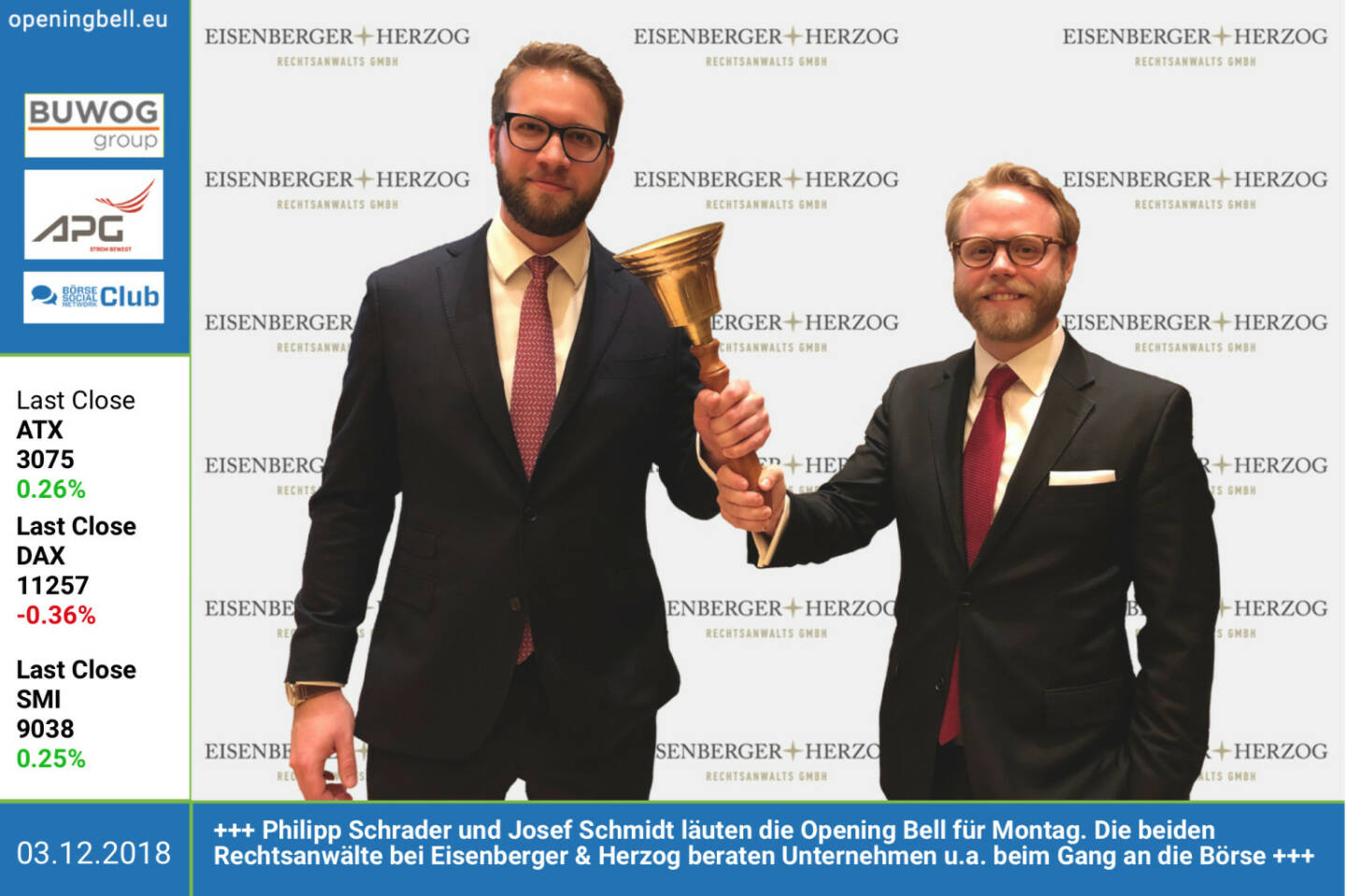 3.12.: Philipp Schrader und Josef Schmidt läuten die Opening Bell für Montag. Die beiden Rechtsanwälte bei Eisenberger & Herzog beraten Unternehmen in Kapitalmarktrechtsfragen etc. http://www.ehlaw.at https://www.facebook.com/groups/GeldanlageNetwork