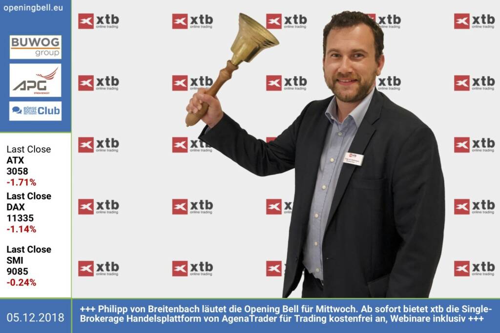 5.12.: Philipp von Breitenbach läutet die Opening Bell für Mittwoch. Ab sofort bietet xtb die Single-Brokerage Handelsplattform von AgenaTrader für Trading kostenfrei an, Webinare inklusiv. https://de.xtb.com/mercury-webinar-workshop https://www.facebook.com/groups/GeldanlageNetwork
 (05.12.2018) 