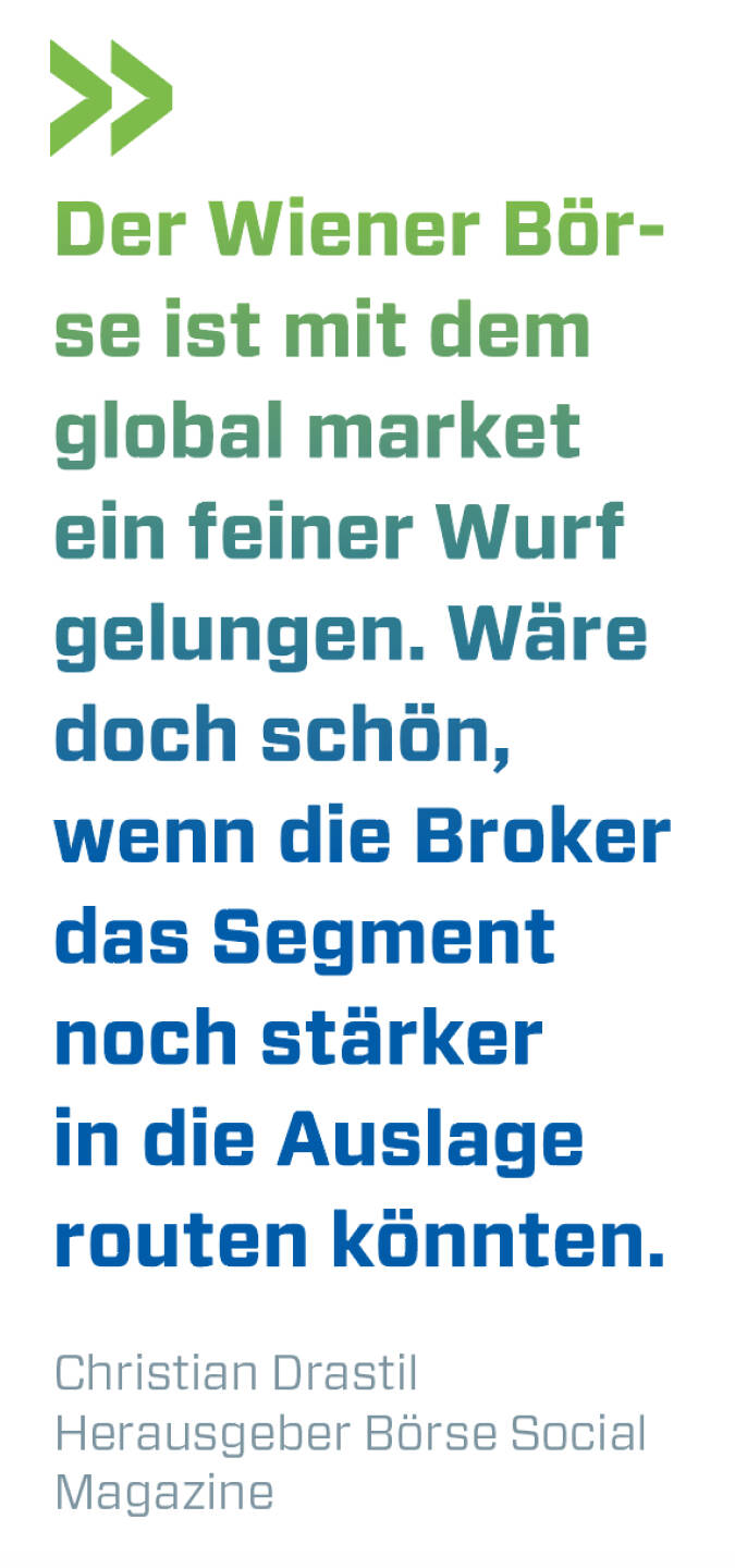 Der Wiener Börse ist mit dem global market ein feiner Wurf gelungen. Wäre doch schön, wenn die Broker das Segment noch stärker in die Auslage routen könnten.
Christian Drastil, Herausgeber Börse Social Magazine 