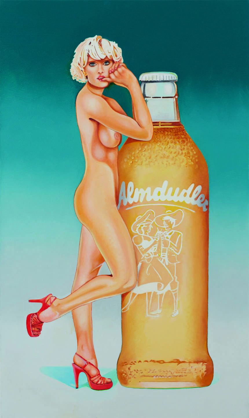 Gemälde „Almdudler’s Fabulous Blonde“ wird in Galerie Ernst Hilger im Rahmen von In Memory Mel Ramos gezeigt. Fotocredit: Katharina Stögmüller