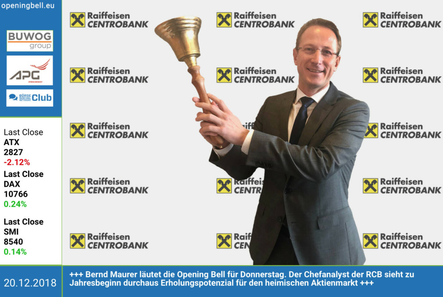 20.12.: Bernd Maurer läutet die Opening Bell für Donnerstag. Der Chefanalyst der RCB sieht zu Jahresbeginn durchaus Erholungspotenzial für den heimischen Aktienmarkt. http://rcb.at  https://www.facebook.com/groups/GeldanlageNetwork