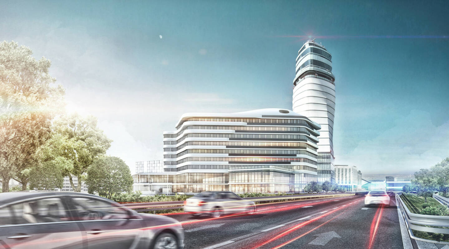 Im Zeitraum von November 2018 bis Mai 2020 errichtet Swietelsky rund 30.000 m2 Nutzfläche, davon rund 25.000 m2 Bürofläche und eine Tiefgarage mit 105 Stellplätzen am Areal des Wiener Flughafens. Das Auftragsvolumen beläuft sich auf rund 55 Mio. Euro. Fotocredit:Flughafen Wien AG/HNP architects ZT GmbH 