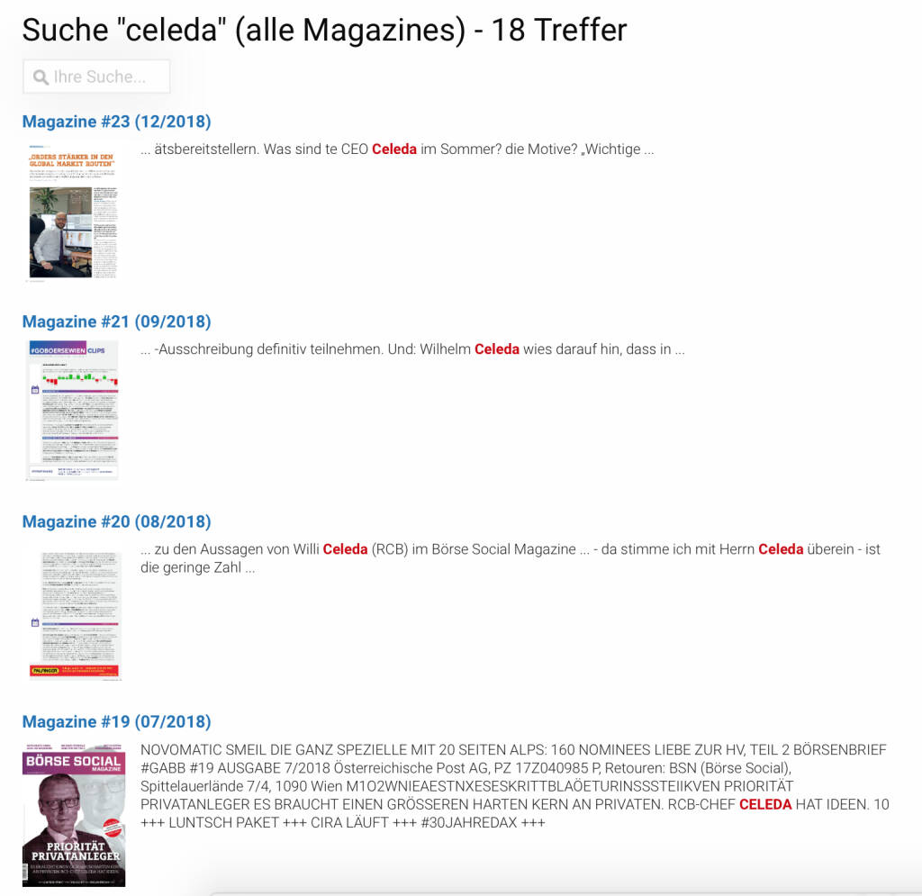 Die Suche quer über alle Magazines auf http://www.boerse-social.com/magazine . Hier das Trefferbild von Wilhelm Celeda https://boerse-social.com/pdf/search_bsm/celeda (03.01.2019) 
