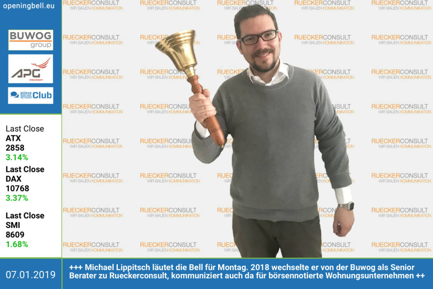 7.1.: Michael Lippitsch läutet die Opening Bell für Montag. 2018 wechselte er von der Buwog als Senior Berater zu Rueckerconsult, kommuniziert auch hier für börsennotierte Wohnungsunternehmen https://www.rueckerconsult.de  https://www.facebook.com/groups/GeldanlageNetwork 