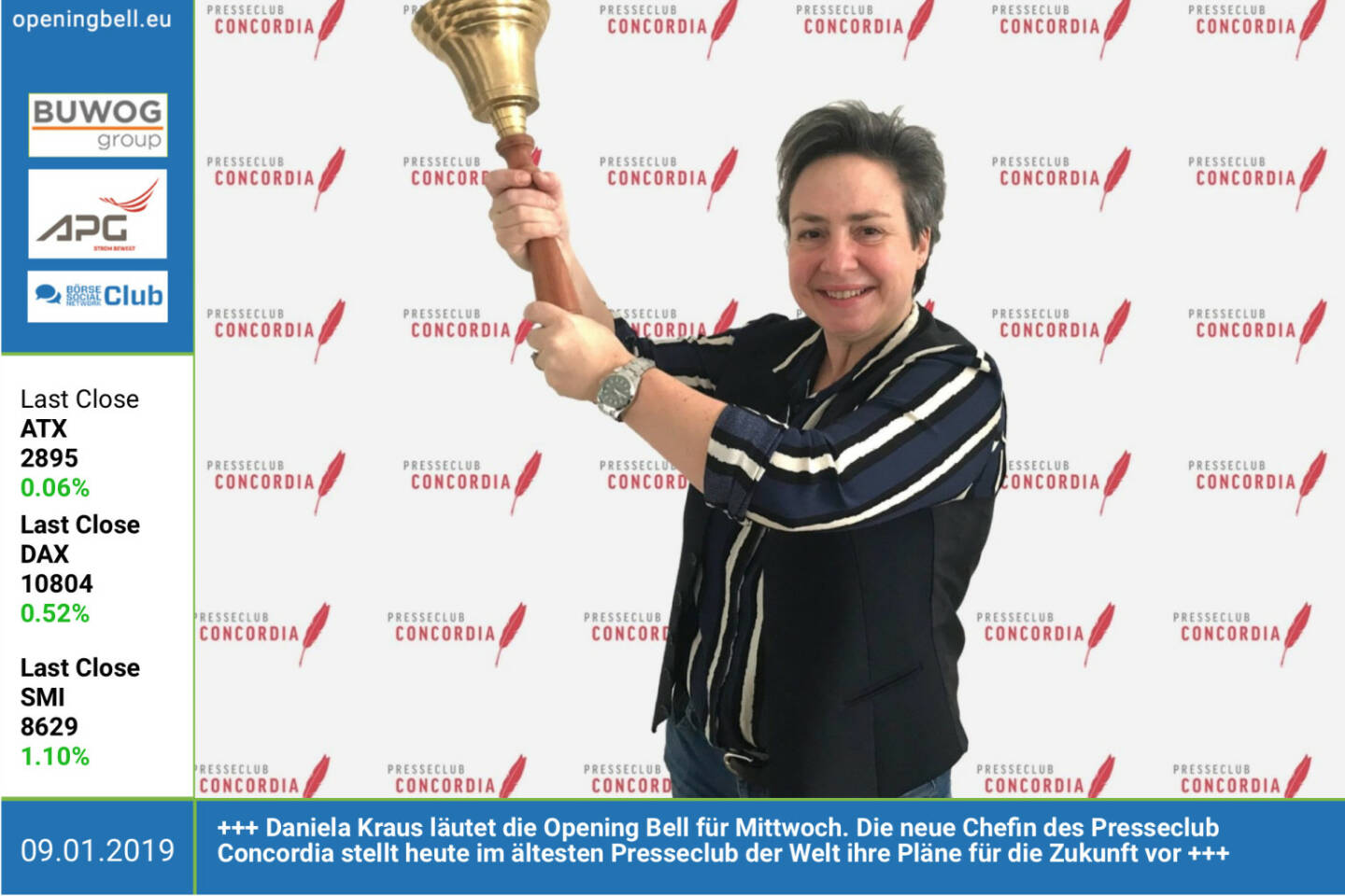 9.1.: Daniela Kraus läutet die Opening Bell für Mittwoch. Die neue Chefin des Presseclub Concordia stellt heute im ältesten Presseclub der Welt ihre Pläne für die Zukunft vor https://concordia.at https://www.facebook.com/groups/GeldanlageNetwork 