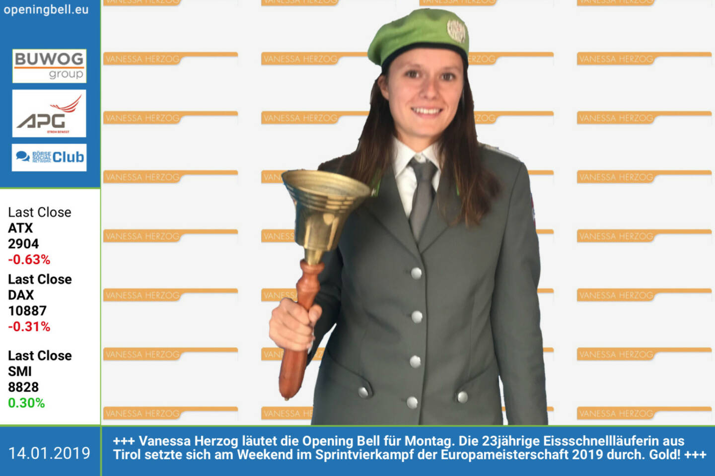 14.1.: Vanessa Herzog läutet die Opening Bell für Montag. Die 23jährige Eissschnellläuferin aus Tirol setzte sich am Wochenende im Sprintvierkampf der Europameisterschaft 2019 durch. Gold! 