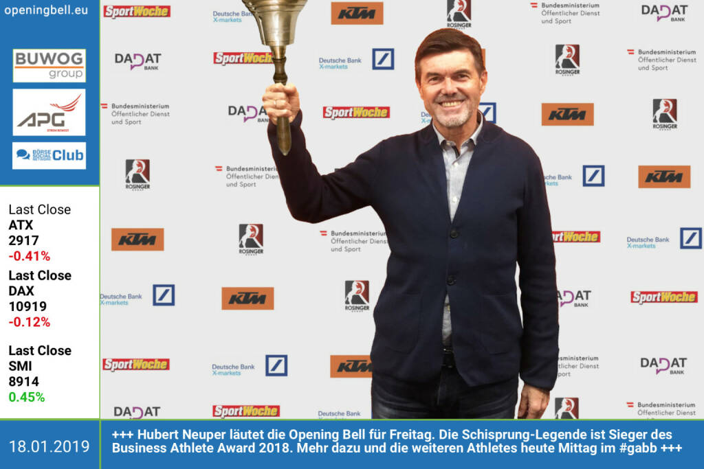 18.1.:Hubert Neuper läutet die Opening Bell für Freitag. Die Schisprung-Legende ist unser Sieger des Business Athlete Award 2018. Mehr dazu und die weiteren Athletes heute Mittag im http://www.boerse-social.com/gabb. Es gratulieren die Award-Partner https://www.ktm.com/at/ https://www.dad.at http://www.rosinger-gruppe.de https://www.xmarkets.db.com/DE und https://www.sportministerium.at/de https://www.facebook.com/search/top/?q=sportsblogged http://www.runplugged.com (18.01.2019) 