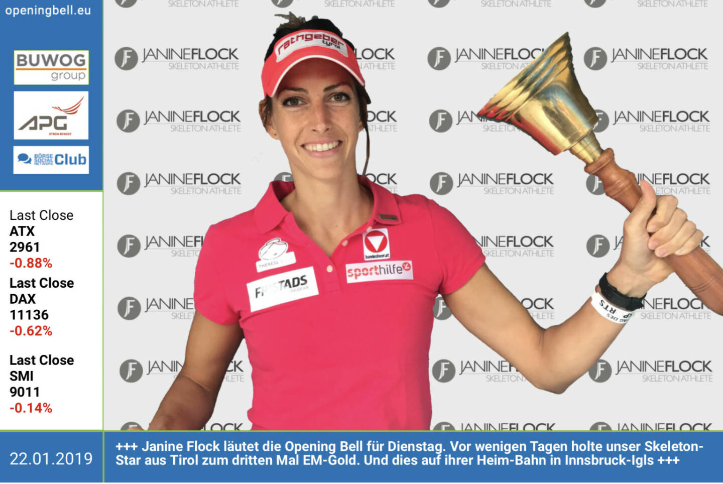 22.1.:  Janine Flock läutet die Opening Bell für Dienstag. Vor wenigen Tagen holte unser Skeleton-Star aus Tirol zum dritten Mal EM-Gold. Und dies auf ihrer Heim-Bahn in Innsbruck-Igls https://www.janine-flock.at https://www.facebook.com/search/top/?q=sportsblogged http://www.runplugged.com