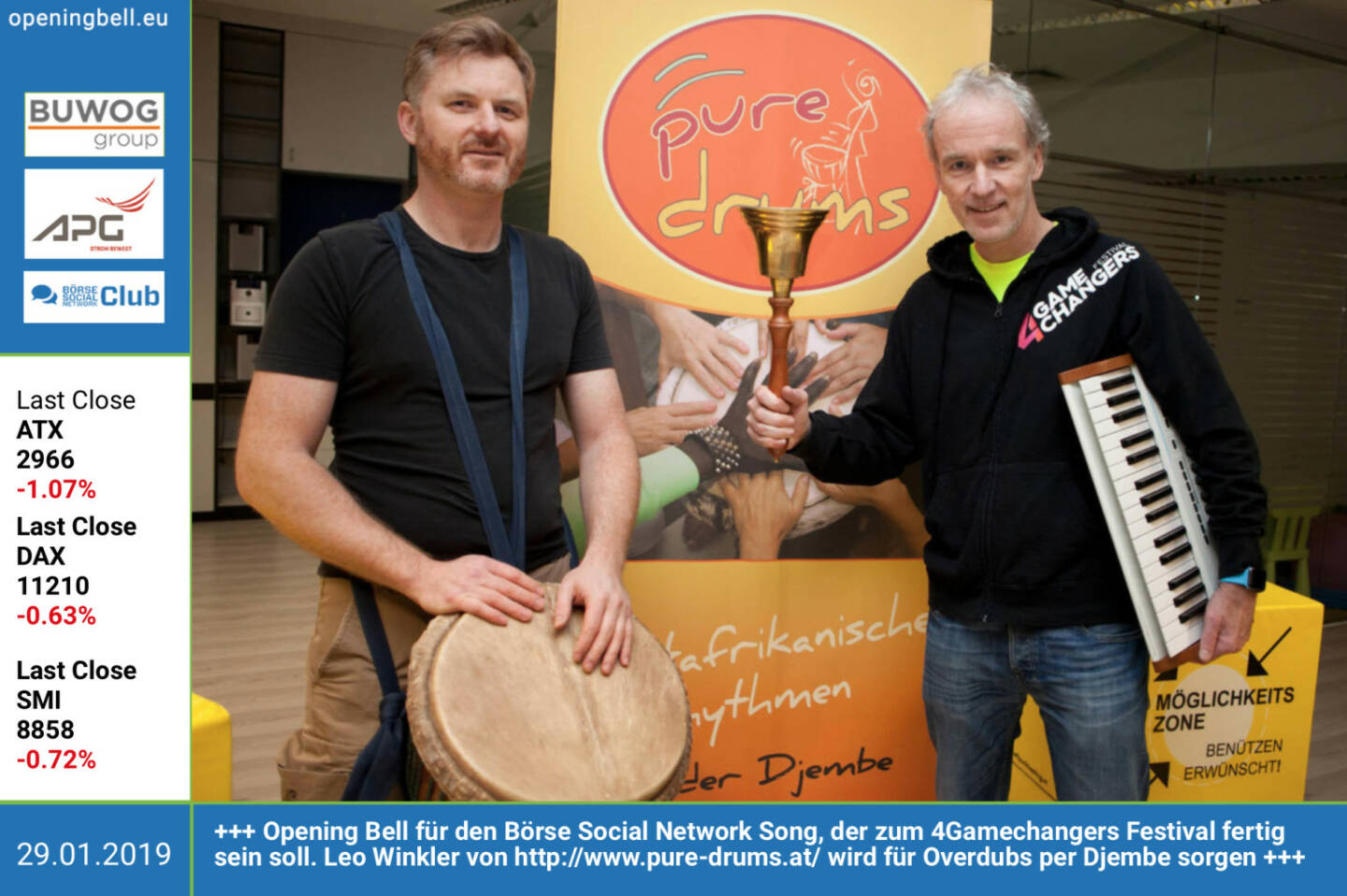 29.1.: Opening Bell für den Börse Social Network Song, der zum 4Gamechangers Festival fertig sein soll. Leo Winkler von http://www.pure-drums.at/ wird für Overdubs per Djembe sorgen https://4gamechangers.io/  https://www.facebook.com/groups/GeldanlageNetwork #boersesocialinspirin
