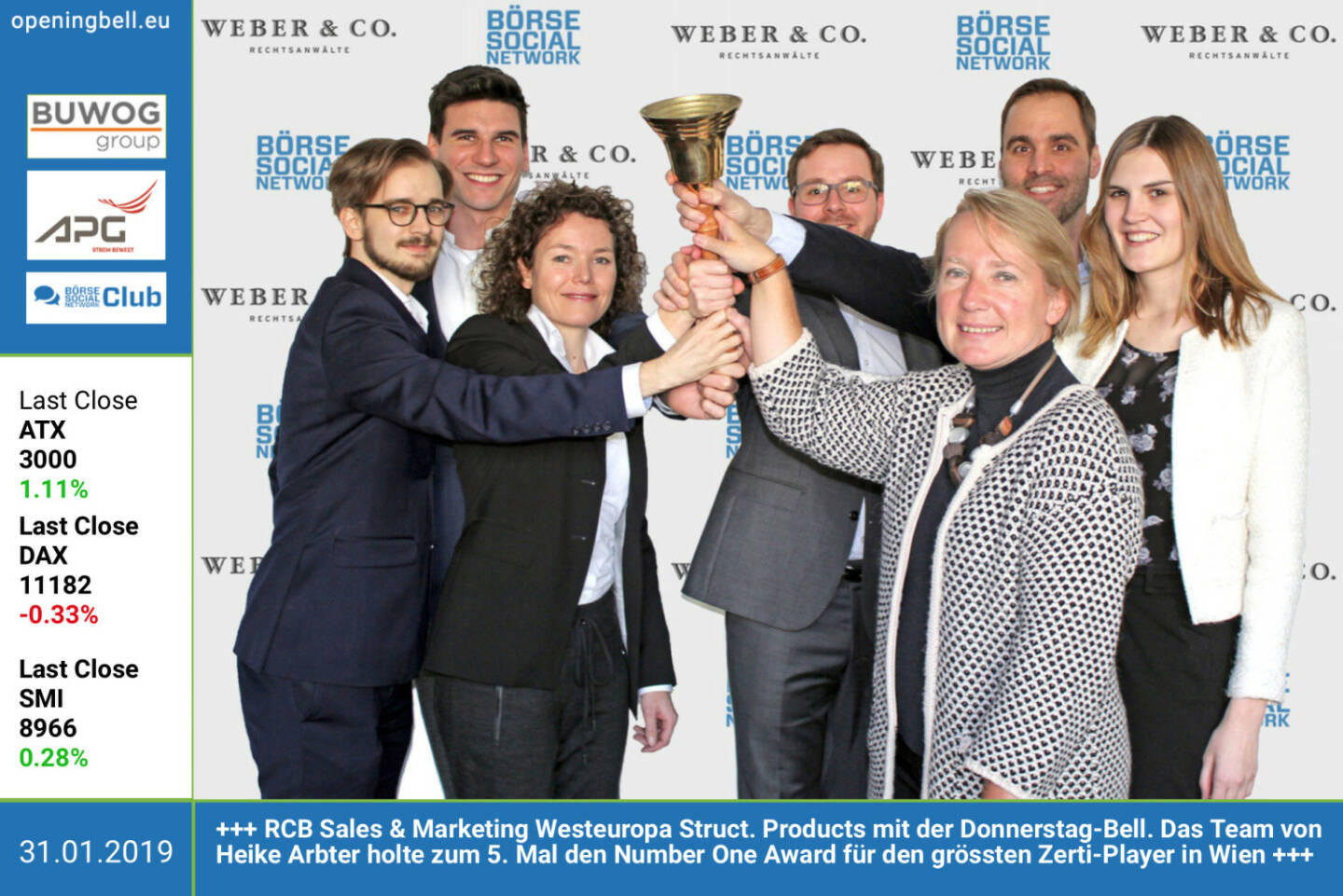 31.1.: Thomas Pusterhofer, Martin Rainer, Marianne Kögel, Thomas Mairhofer, Heike Arbter, Philipp Arnold, Vera Buttinger - RCB Sales & Marketing Westeuropa Structured Products mit der Opening Bell für Donnerstag. Das Team von Heike Arbter holte zum 5. Mal den Number One Award für den grössten Zertifikate-Player in Wien. Infos und das Übergabe-Bild unter https://boerse-social.com/numberone/2018 http://www.rcb.at https://www.facebook.com/groups/GeldanlageNetwork