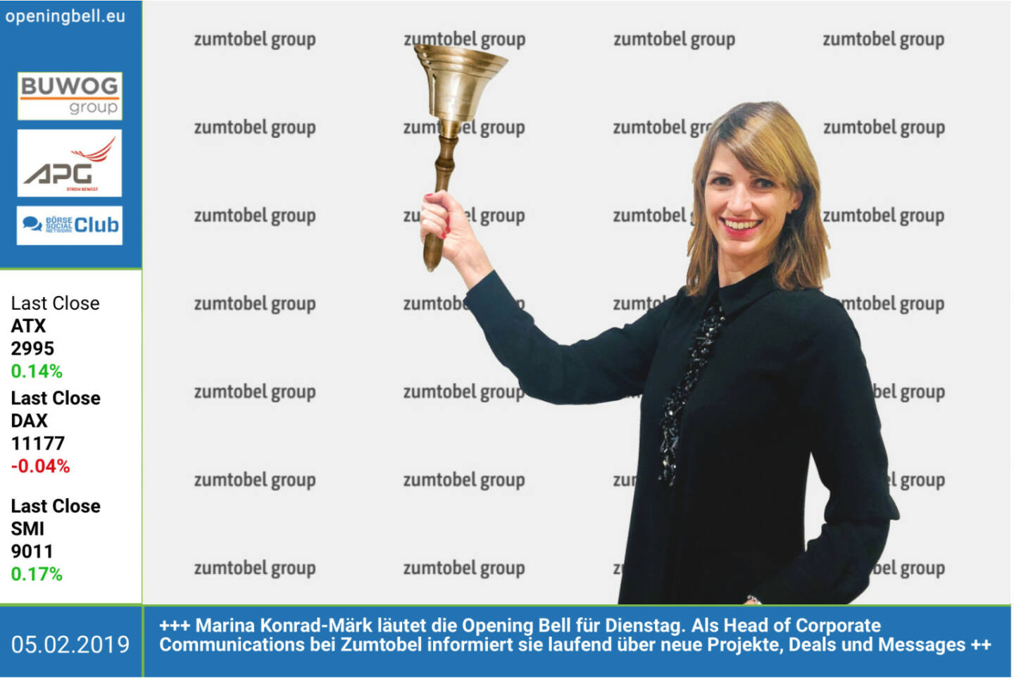 5.2.: Marina Konrad-Märk läutet die Opening Bell für Dienstag. Als Head of Corporate Communications bei Zumtobel informiert sie laufend über neue Projekte, Deals und Messages des Beleuchtungskonzerns https://www.zumtobelgroup.com/  https://www.facebook.com/groups/GeldanlageNetwork