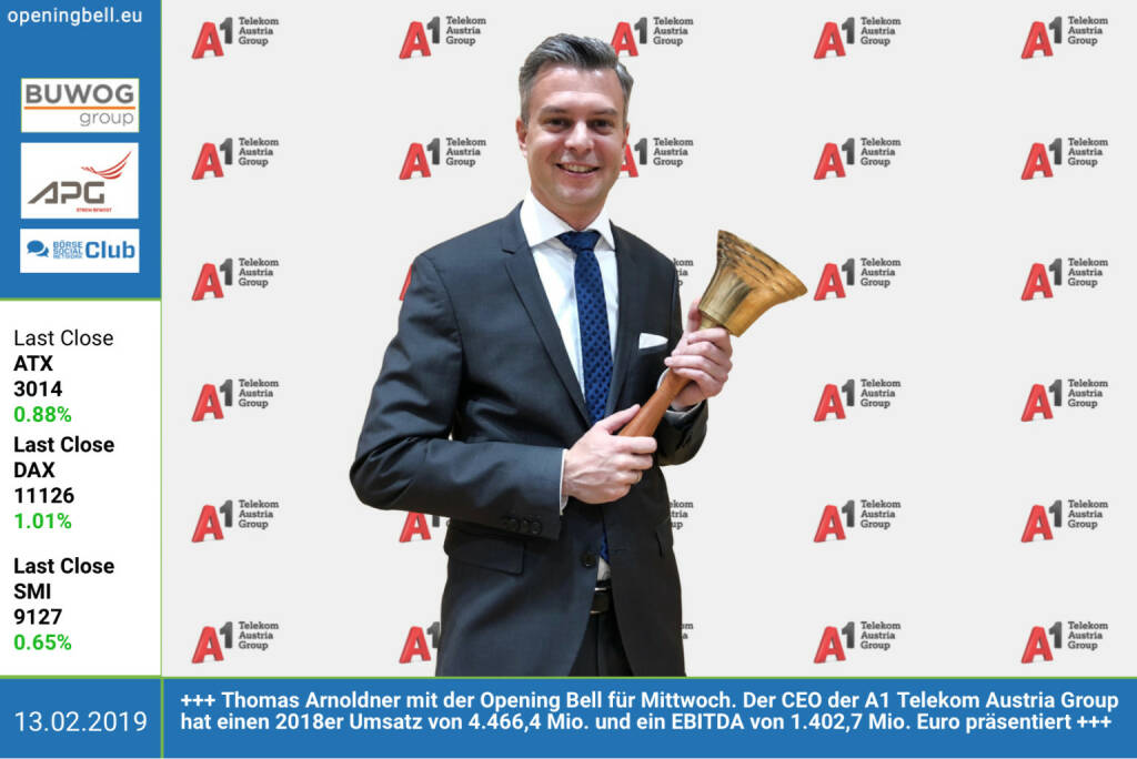 13.2.: Thomas Arnoldner mit der Opening Bell für Mittwoch. Der CEO der A1 Telekom Austria Group hat einen 2018er Umsatz von 4.466,4 Mio. und ein EBITDA von 1.402,7 Mio. Euro präsentiert. https://www.a1.group https://www.facebook.com/groups/GeldanlageNetwork (13.02.2019) 