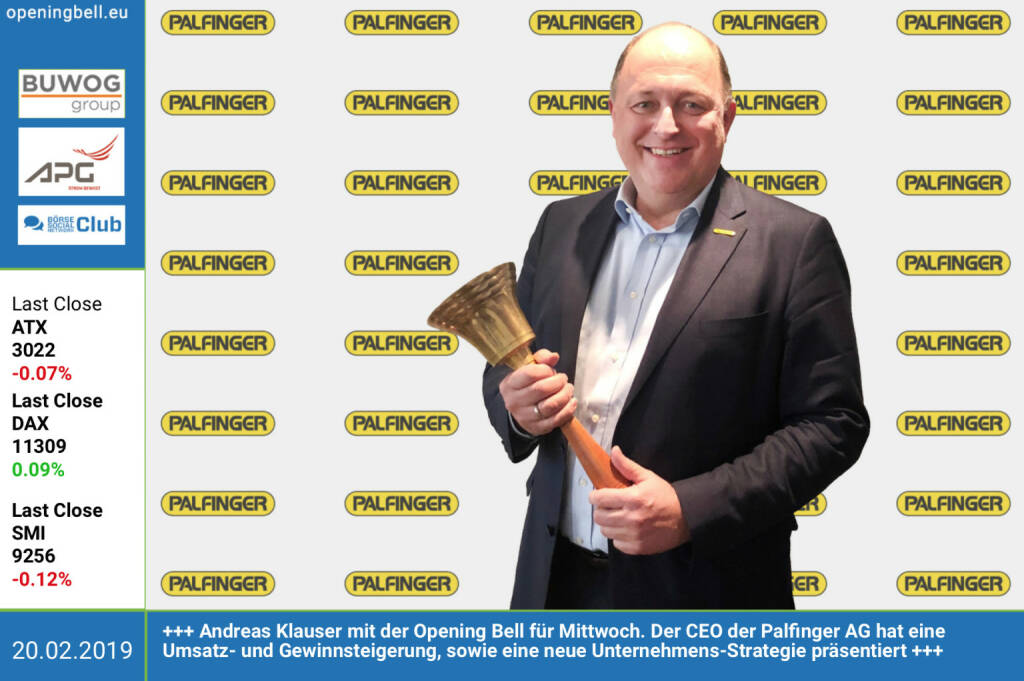 20.2.: Andreas Klauser mit der Opening Bell für Mittwoch. Der CEO der Palfinger AG hat eine Umsatz- und Gewinnsteigerung, sowie eine neue Unternehmens-Strategie präsentiert. http://palfinger.ag https://www.facebook.com/groups/GeldanlageNetwork (20.02.2019) 