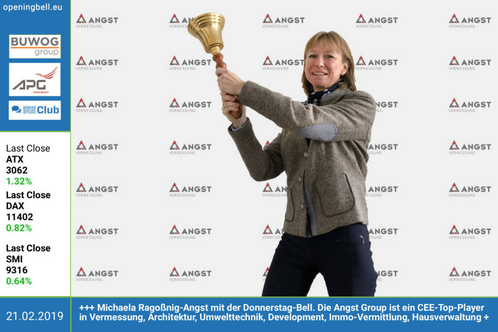 21.2.: Michaela Ragoßnig-Angst mit der Opening Bell für Donnerstag. Im mittel- und osteuropäischem Raum zählt die Angst Group zu den führenden Unternehmen im Bereich Vermessung, Architektur, Umwelttechnik, Projektentwicklung, Immobilienvermittlung und Hausverwaltung. Und das seit 1968. https://www.angstgroup.com/  https://www.facebook.com/AngstVermessung/ https://www.facebook.com/groups/GeldanlageNetwork (21.02.2019) 