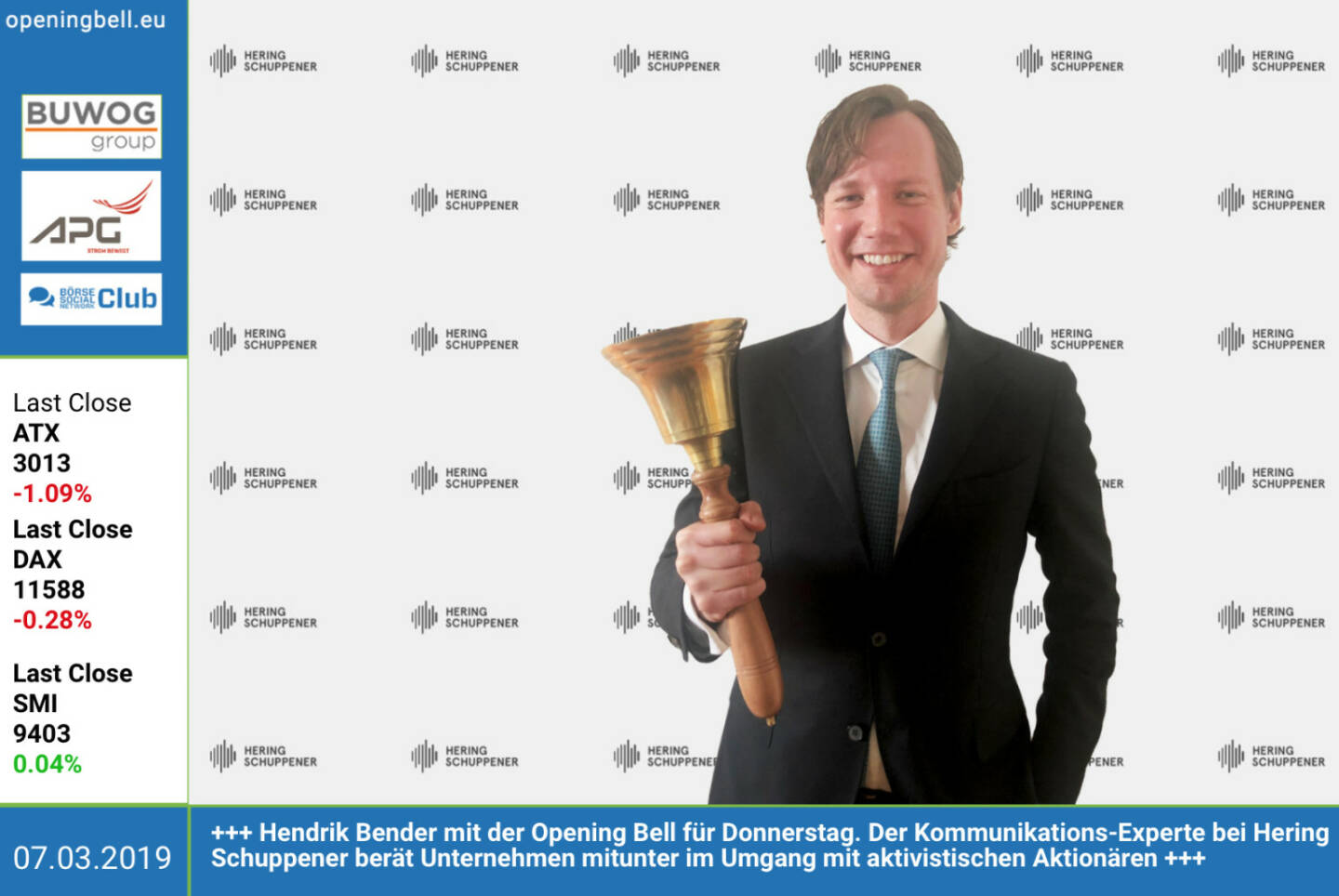 7.3.: Hendrik Bender mit der Opening Bell für Donnerstag. Der Kommunikations-Experte bei Hering Schuppener berät Unternehmen mitunter im Umgang mit aktivistischen Aktionären http://www.heringschuppener.com