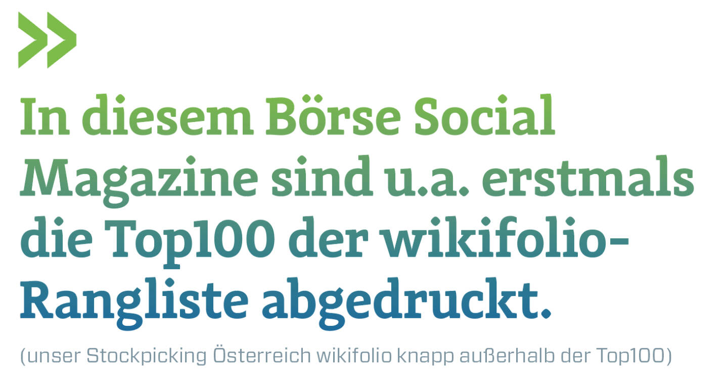 In diesem Börse Social Magazine sind u.a. erstmals die Top100 der wikifolio-Rangliste abgedruckt.
(unser Stockpicking Österreich wikifolio knapp außerhalb der Top100)