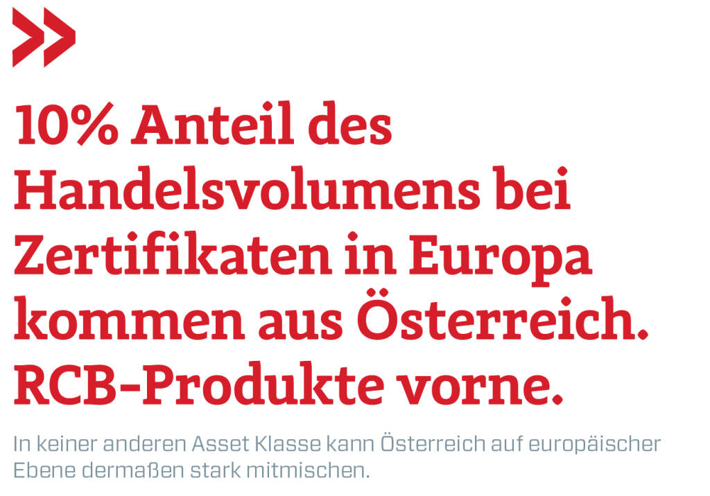 10% Anteil des Handelsvolumens bei Zertifikaten in Europa kommen aus Österreich. RCB-Produkte vorne. 
In keiner anderen Asset Klasse kann Österreich auf europäischer Ebene dermaßen stark mitmischen. (16.03.2019) 