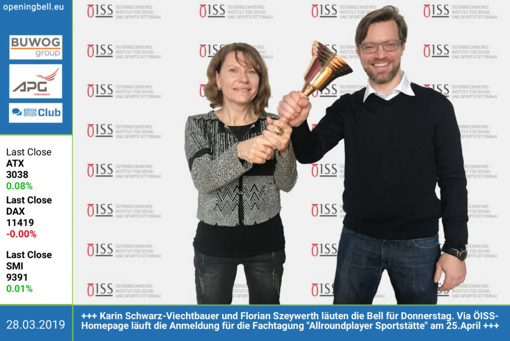 28.3.: Karin Schwarz-Viechtbauer und Florian Szeywerth läuten die Opening Bell für Donnerstag. Via ÖISS-Homepage läuft die Anmeldung für die Fachtagung Allroundplayer Sportstätte - Internationale Trends und beispielgebende Projekte am 25.April 2019 in Wien. Mehr unter https://www.oeiss.org/oeiss/de/aktuell/veranstaltungen/allroundplayer-sportstaette/ https://www.facebook.com/groups/Sportsblogged/ (28.03.2019) 