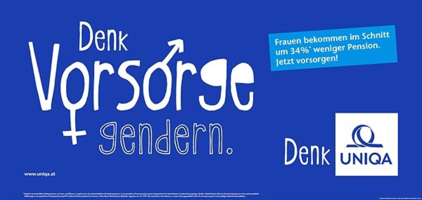 Uniqa Frühjahrskampagne 2019: Prägnante Botschaften prägen den UNIQA Werbeauftritt ab Montag, 1. April. Drei Denkanstöße – „Denk Vorsorge gendern!“, „Denk lieg Dir am Herzen!“ und „Denk Leben ohne Handbremse!“ – stehen in weißen Lettern auf blauem Grund für sich. Auf Plakaten, Citylights, Rolling Boards und in Onlinemedien regen sie Herrn und Frau Österreich dazu an, ihre individuellen Vorsorgelücken zu schließen, mit Blick auf Pension, auf Krankheiten und Unfälle. © UNIQA