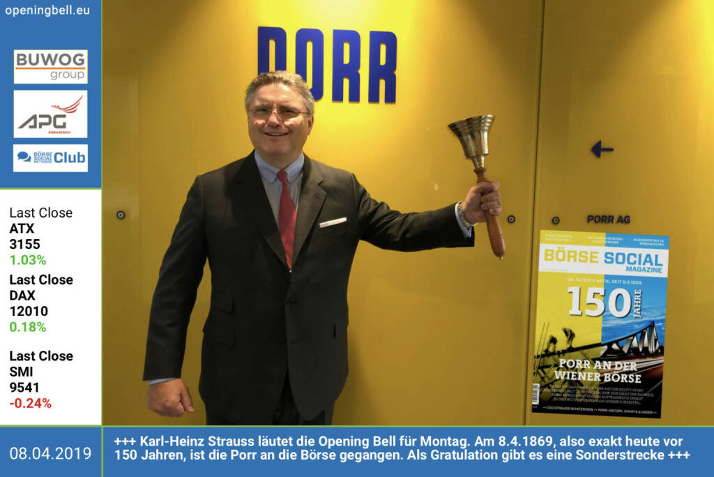 +++ Karl-Heinz Strauss läutet die Opening Bell für Montag. Am 8.4.1869, also exakt heute vor 150 Jahren, ist die Porr an die Börse gegangen. Als Gratulation gibt es eine Sonderstrecke https://boerse-social.com/porr150 http://www.porr.at https://www.facebook.com/groups/GeldanlageNetwork (08.04.2019) 